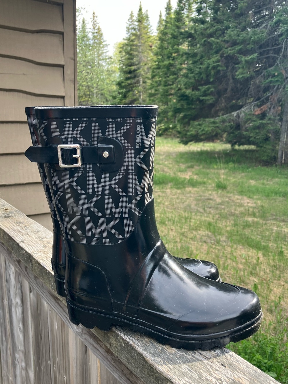 Michael Kors Black Glossy Rain Boot with MK Logo Shaft